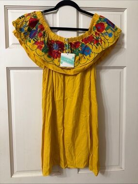 Umgee Yellow Off-Shoulder Floral Embroidered Dress